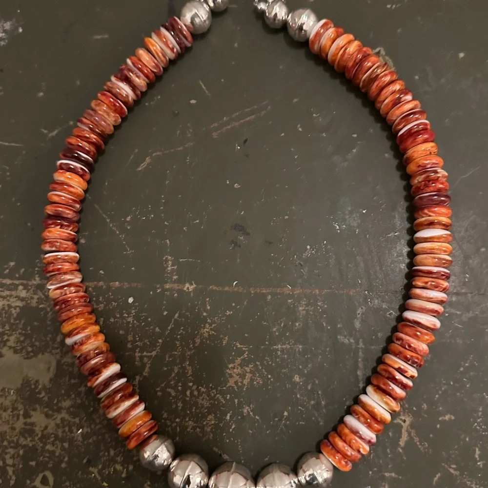 Hand Crafted  “One of a Kind” Red Spiny Oyster & Sterling Silver Necklace - Picture 2 of 3